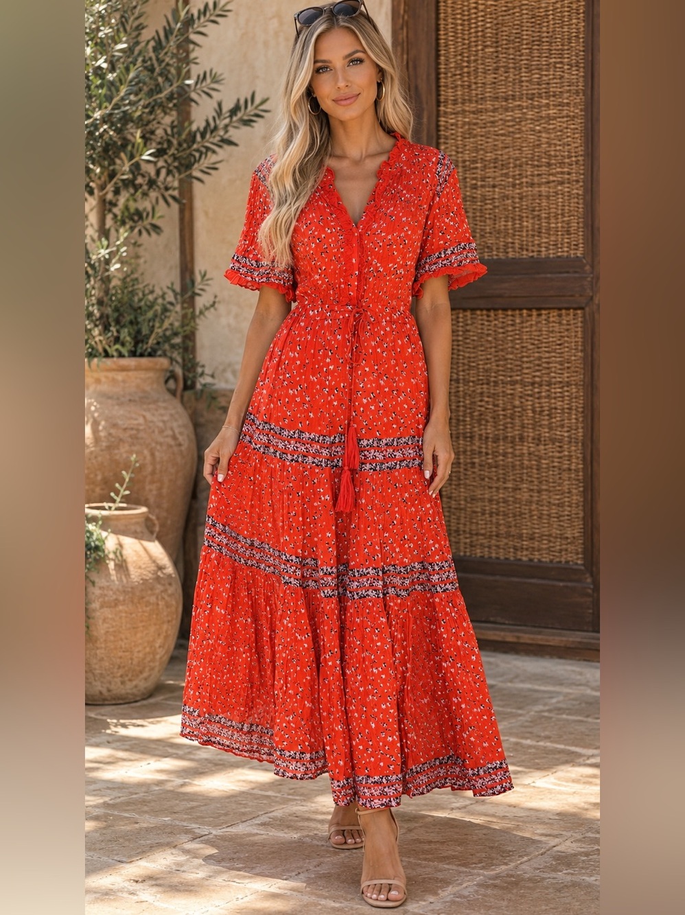 Free People Rare Feeling Floral Tiered Maxi Dress Tassel Tie Boho Fall New NWOT